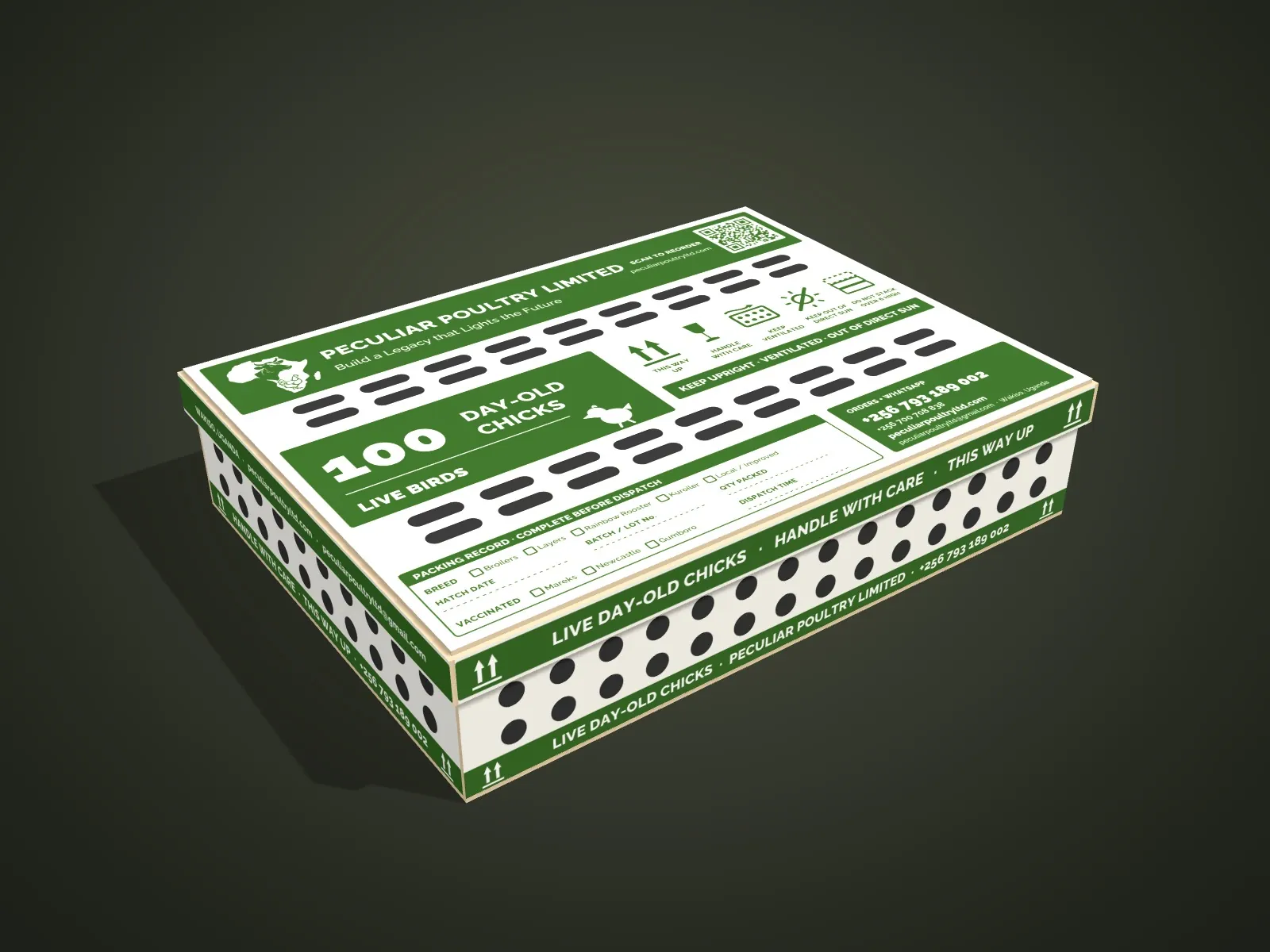 Render of the Peculiar Poultry 100-chick box with the lid on