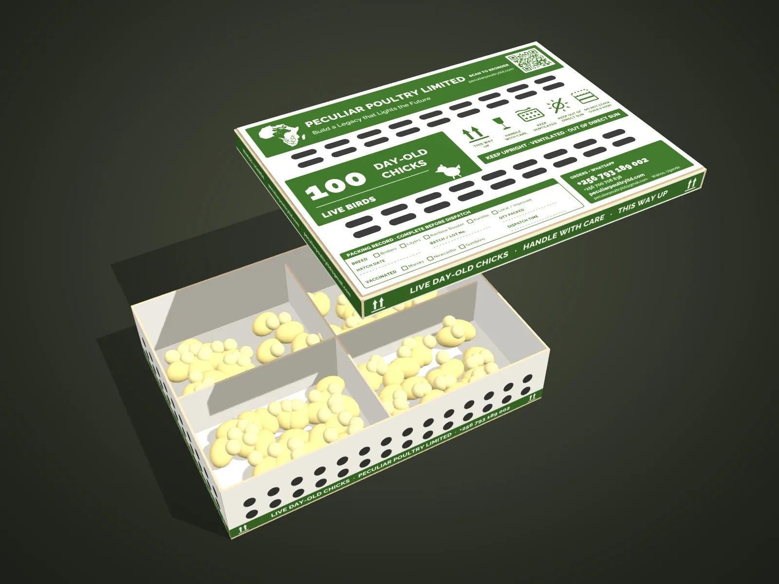 Render of the chick box with the lid lifted, showing four pens of chicks