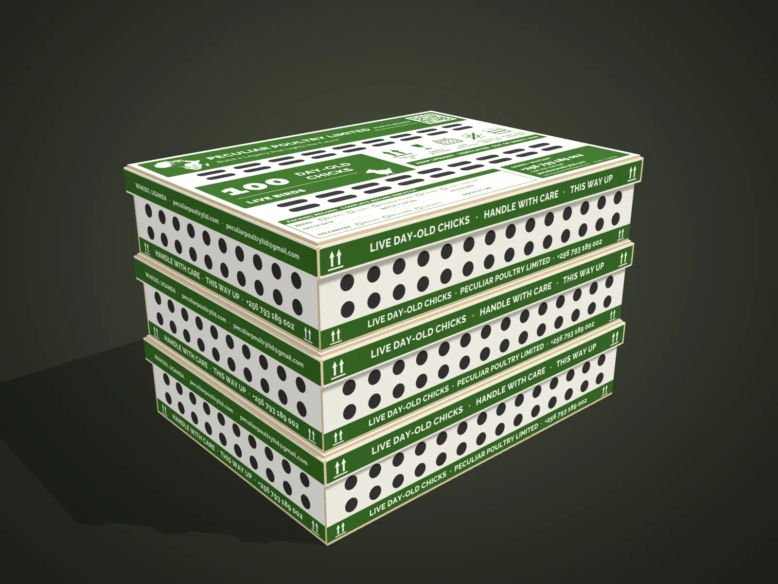 Render of three chick boxes stacked for transport